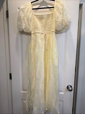 Cream Puff-Sleeve Smocked Maxi Dress